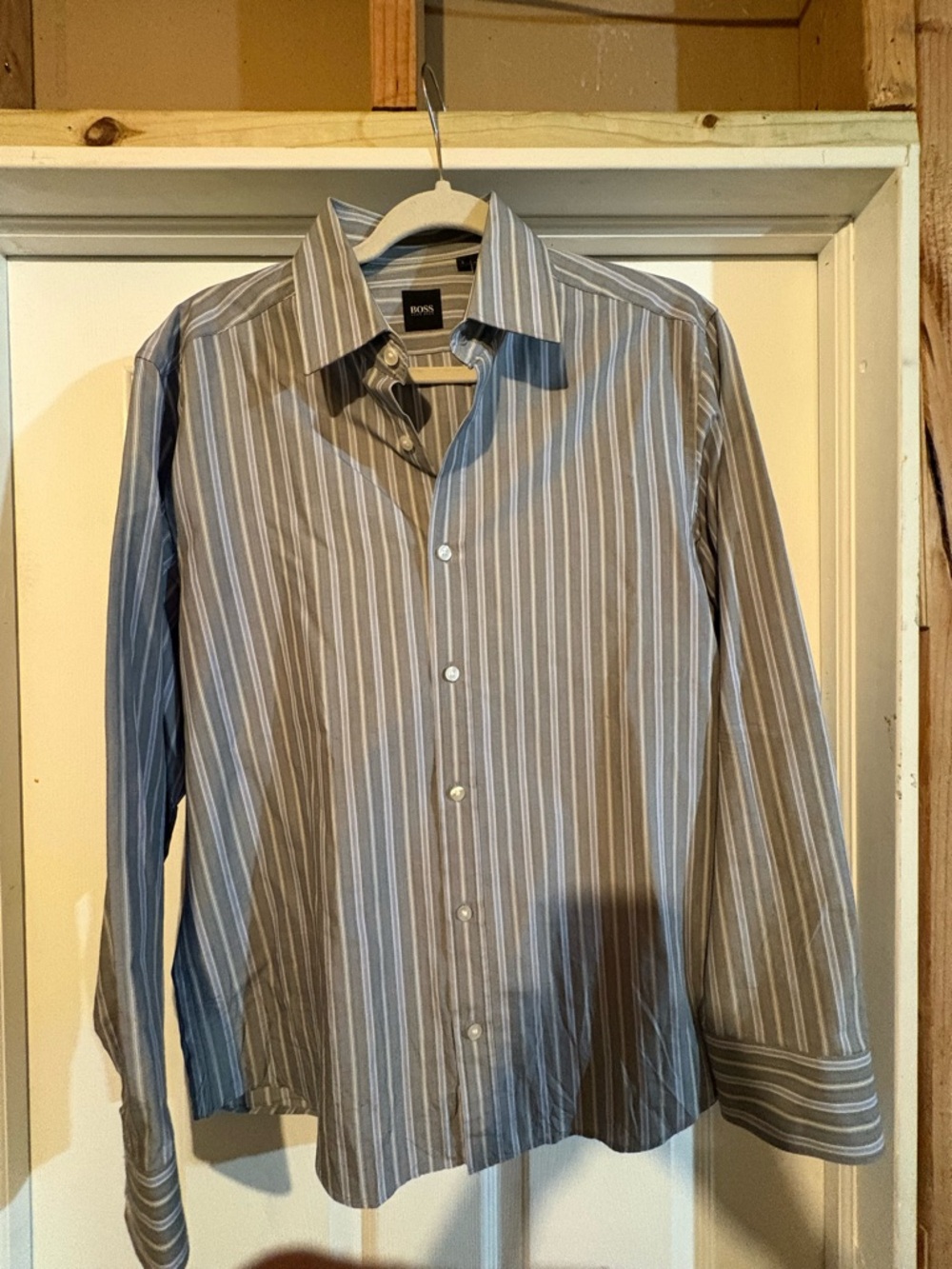 BOSS Grey and Blue Vertical Stripe Dress Shirt